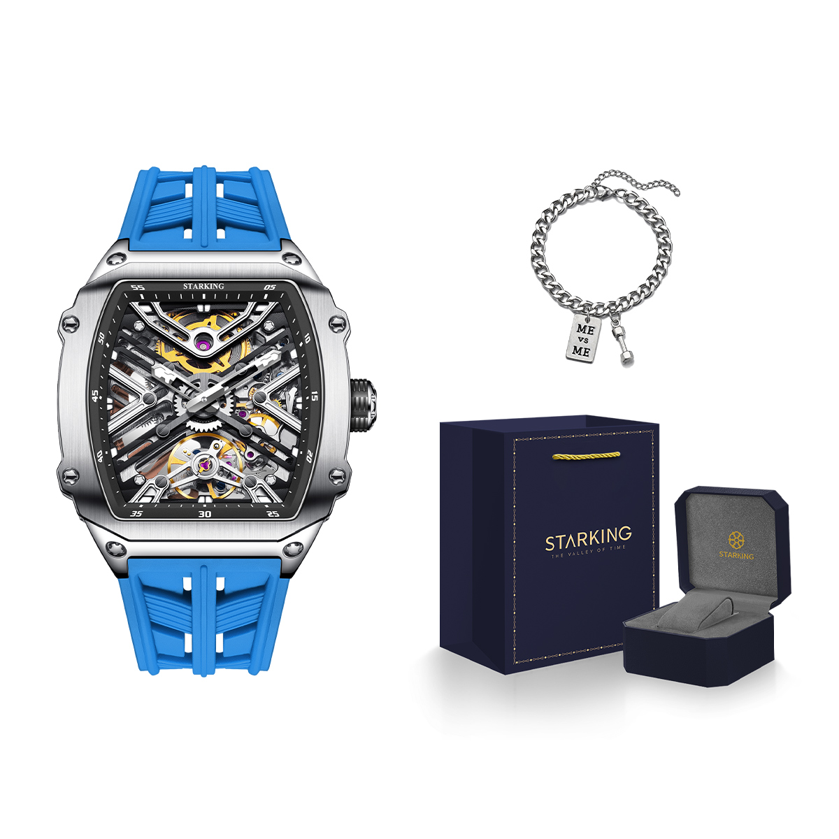 

STARKING Часы Steel Core Collection Mechanical Movement Silicone Strap Watch Men's Watch Black Dial, AM0535SJ72[Dark Blue Limited+Trendy Bracelet]