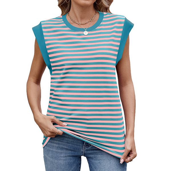 

Женский топ с полосками и принтом, кап-рукав Yesfashion, Blue Pink