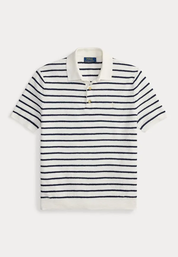 Полосатый свитер-поло из хлопка и льна с воротником-стойкой, рубашка-поло Polo Ralph Lauren, Deckwash White Combo — фото 4