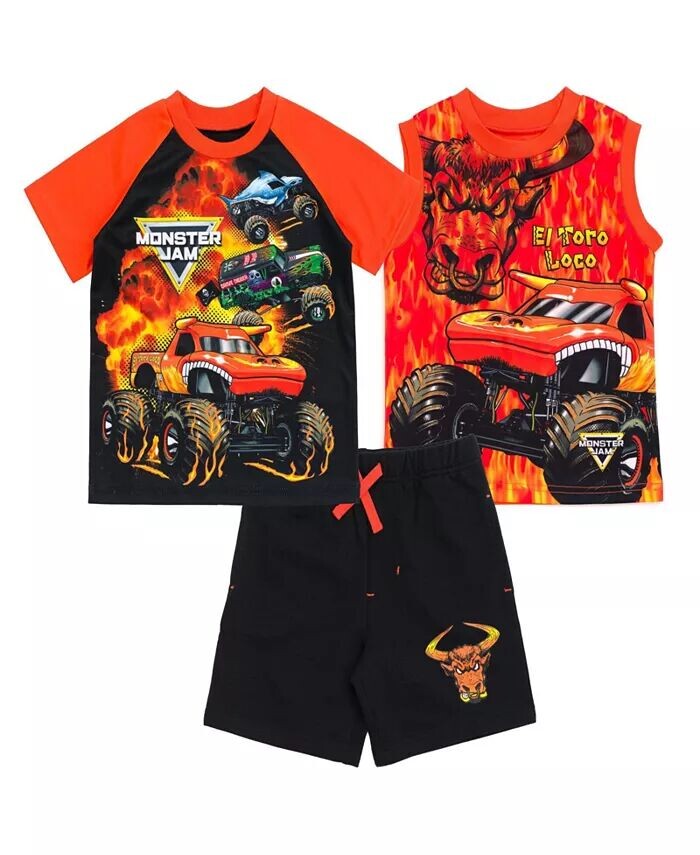 

Футболка Grave Digger El Toro Loco Megalodon для мальчиков, майка и шорты из французской махровой ткани, комплект из 3 предметов Monster Jam, мультиколор