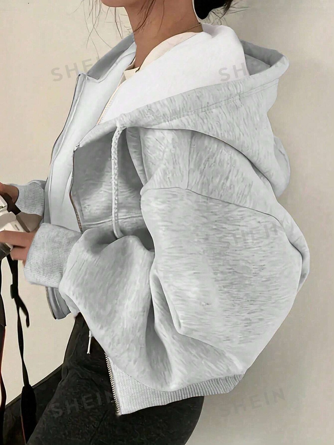 

EZwear Женский пуловер с капюшоном, флис, на кулиске Shein, светло-серый