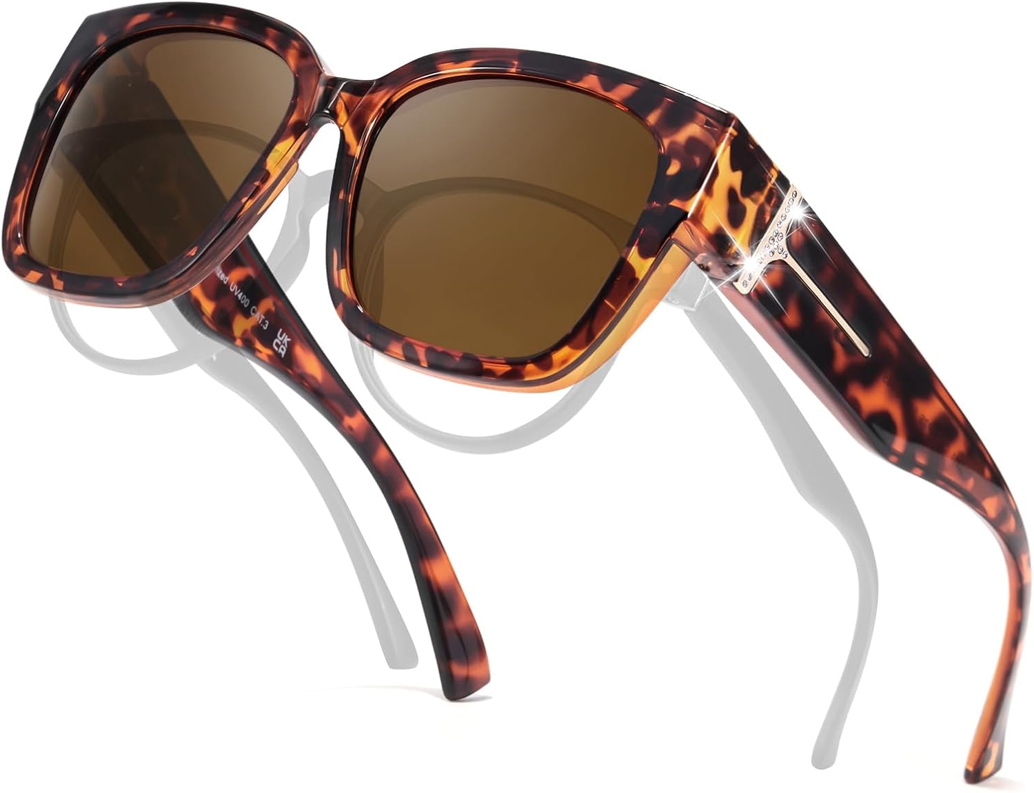 

Поляризованные солнцезащитные очки TJUTR для женщин, надеваемые поверх обычных очков, большие солнцезащитные очки для вождения с декоративными стразами. Дизайнерский стиль, A4 Tortoise/Brown