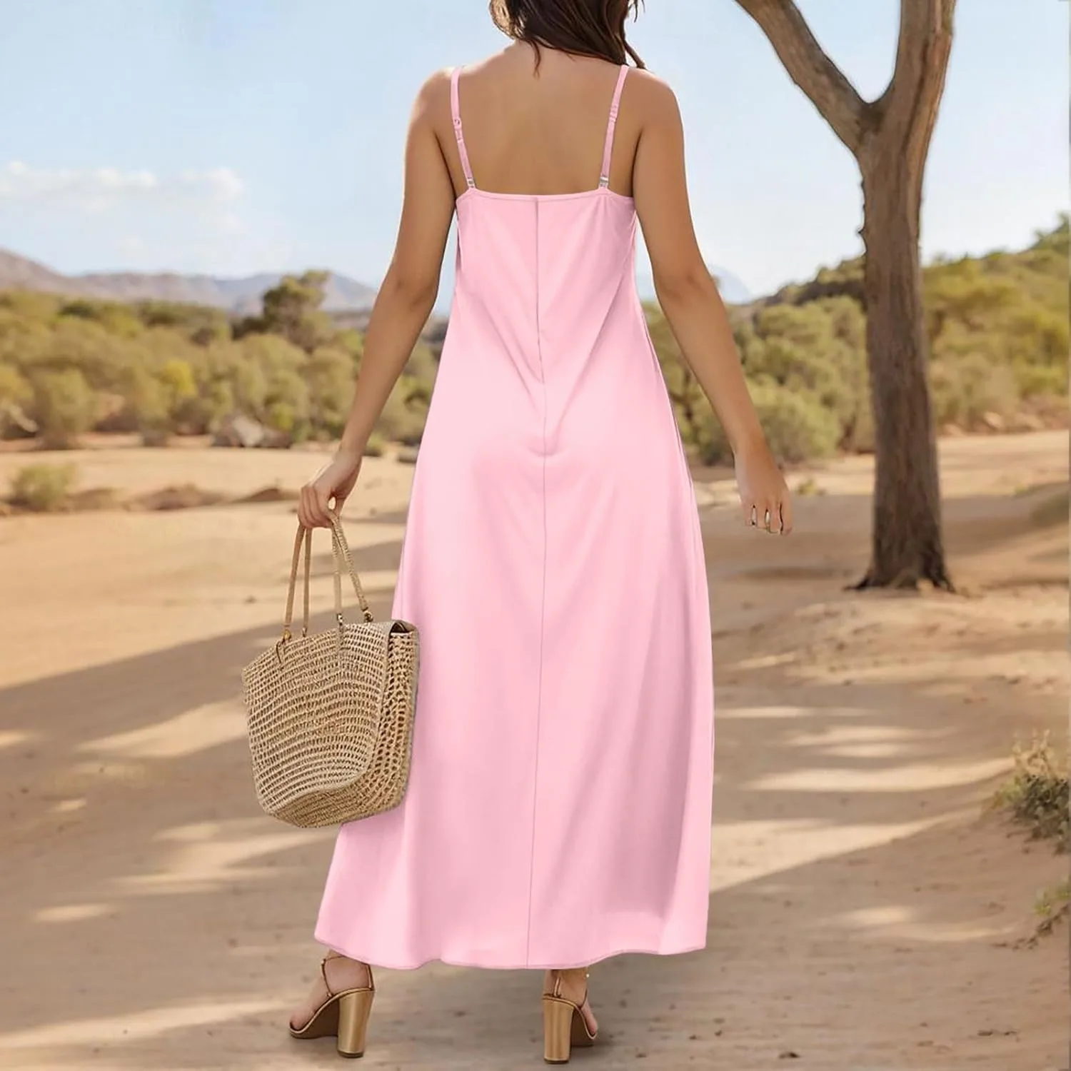 Летнее платье для женщин Flowy Casual Midi, пляжное платье-сандресс с V-образным вырезом и тонкими бретелями Generic, розовый — фото 3