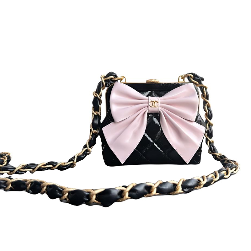 CHANEL Золотистый металлический клатч с цепочкой и бантом черно-розовый — фото 3