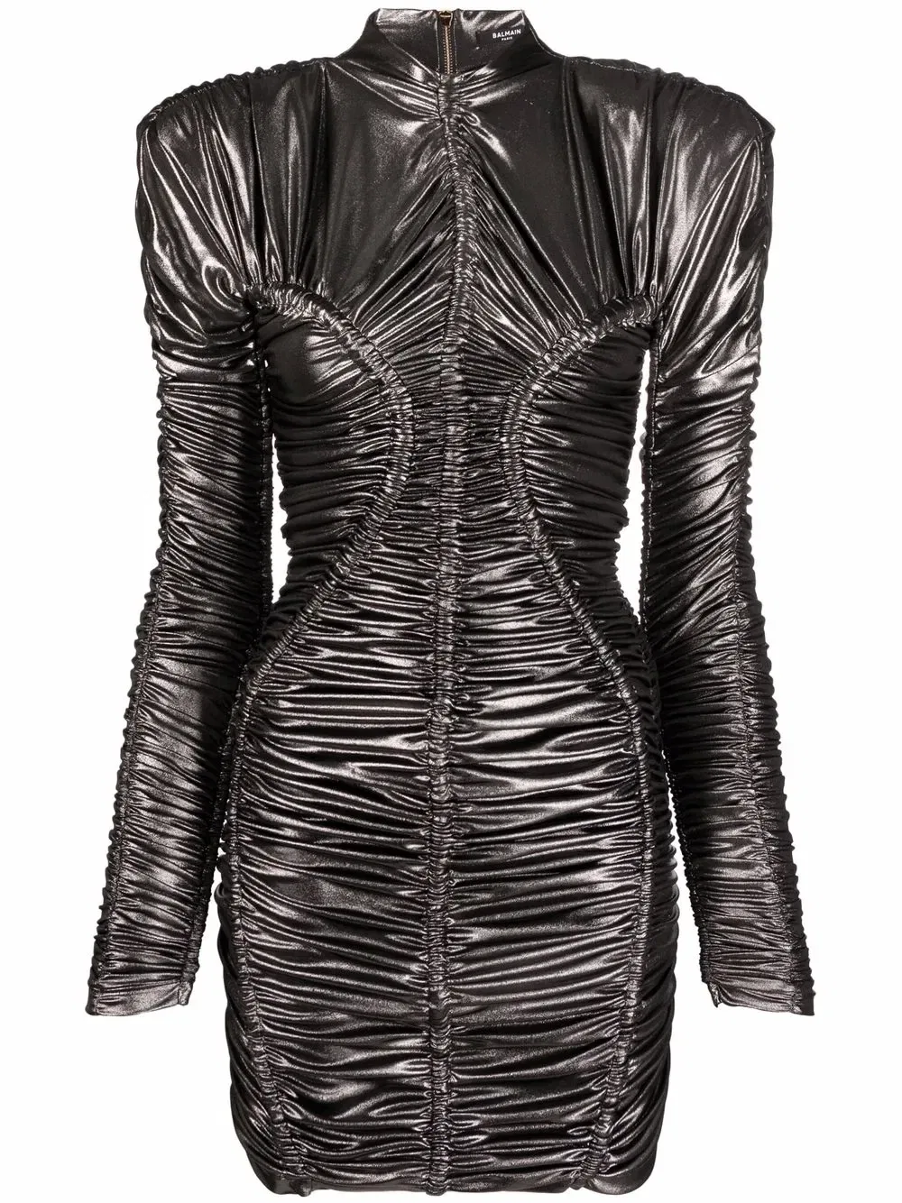 Платье с эффектом металлик и сборками Balmain, серебряный