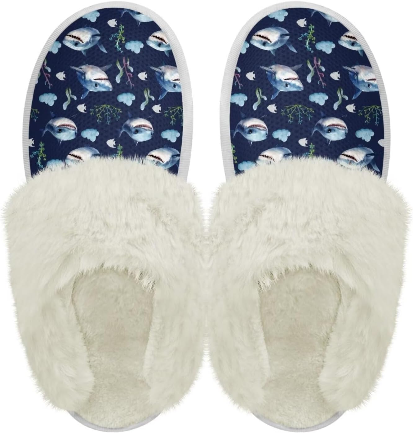 

Тапочки chaqlin Fuzzy Plush с меховой подкладкой, сабо для спальни и дома, унисекс, водонепроницаемые, с толстой подошвой, противоскользящие, удобные фланелевые зимние теплые тапочки для дома и улицы, Shark Seaweed