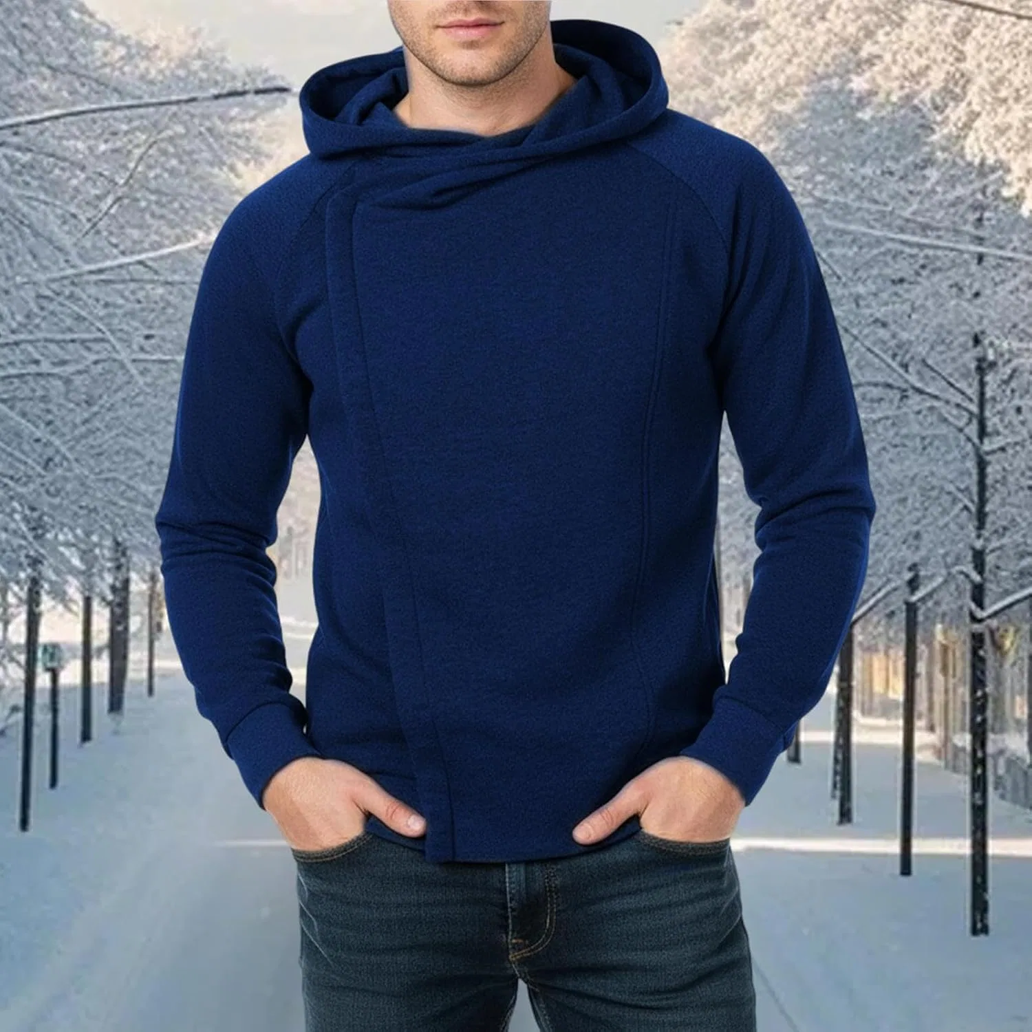 Худи мужское на молнии, асимметричное, Slim Fit, черное — фото 3