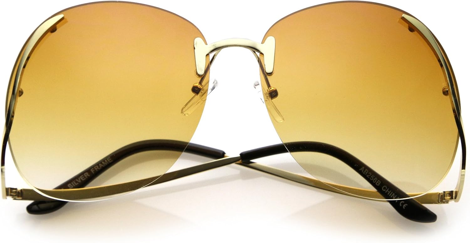 

zeroUV - Женские солнцезащитные очки без оправы с изогнутыми металлическими дужками, круглыми линзами с цветным тонированием, большого размера, 67 мм, Gold / Brown Gradient