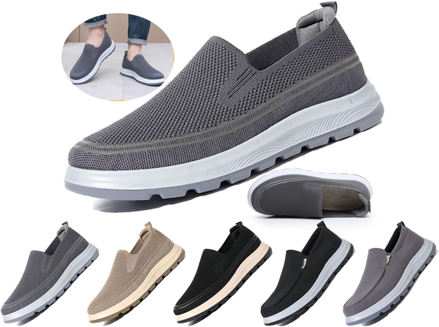 

Мужские кроссовки без застежек с дышащей текстильной тканью для ходьбы, удобной противоскользящей подошвой для дома, отдыха, путешествий и вождения Generic, серый