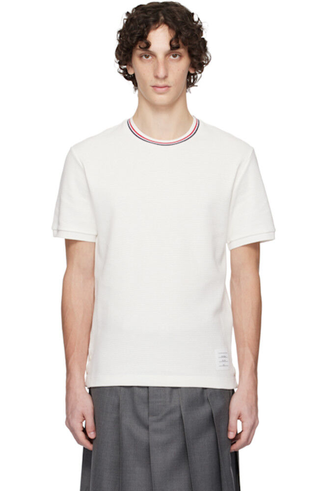 

Футболка из хлопка Off-White с вафельными манжетами в рубчик Thom Browne