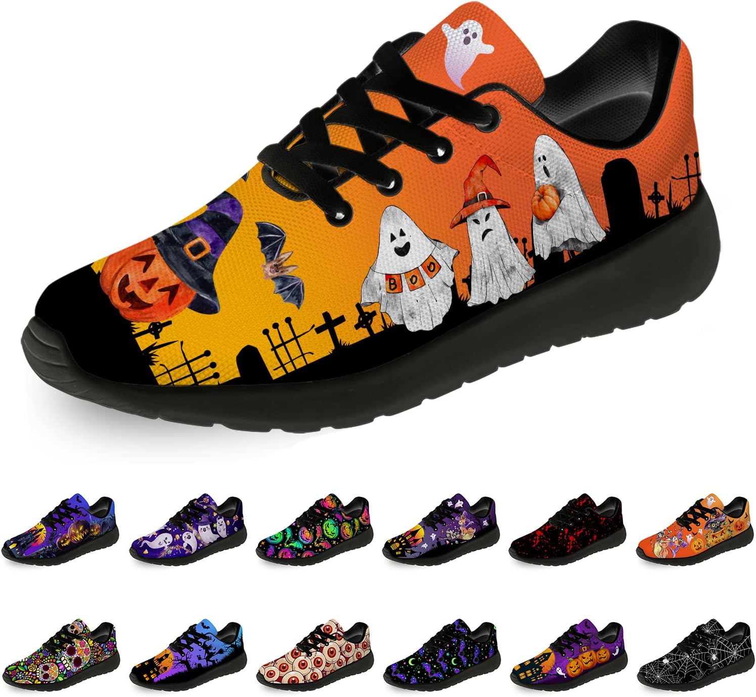 

Кроссовки на Хэллоуин для женщин и мужчин, беговые, для прогулок и тенниса, с изображением тыквы, призрака и летучей мыши, подарки для мальчиков и девочек Horethy, оранжевый
