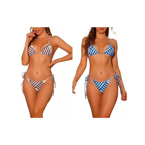 

2 комплекта женского бикини-треугольника с завязками на шее и боках, клетчатый принт Inspire Chic, Blue Beige, Синий, 2 комплекта женского бикини-треугольника с завязками на шее и боках, клетчатый принт Inspire Chic, Blue Beige