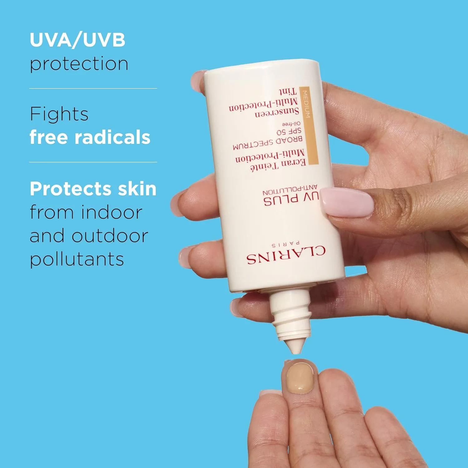 Clarins UV Plus Anti-Pollution тонирующий солнцезащитный крем для лица широкого спектра SPF 50, легкий, без масла, тройная защита от UVA/UVB лучей, свободных радикалов и загрязнений, Medium — фото 2