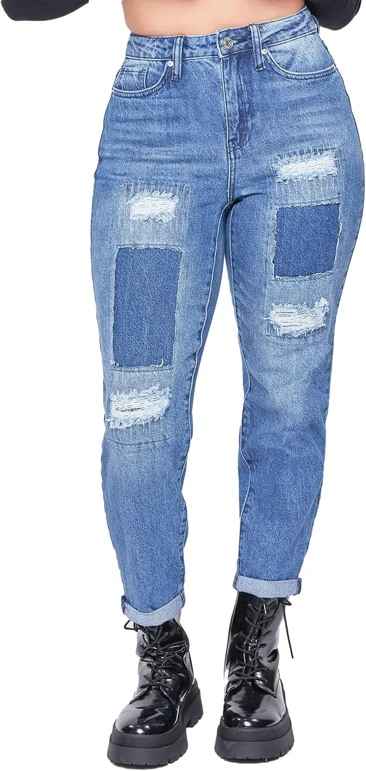 

YMI Womens Junior Dream джинсы прямого кроя с высокой посадкой и патчворком