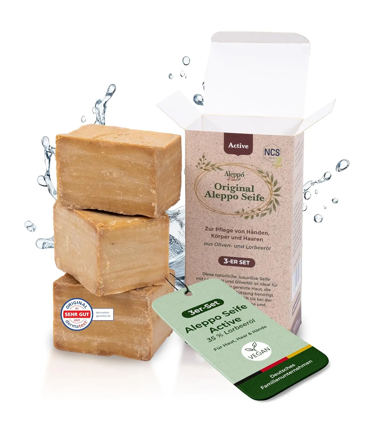 Набор натурального алеппского мыла Original Aleppo Soap Active с 35% лаврового масла, 3 штуки по 200 г Aleppo Pure