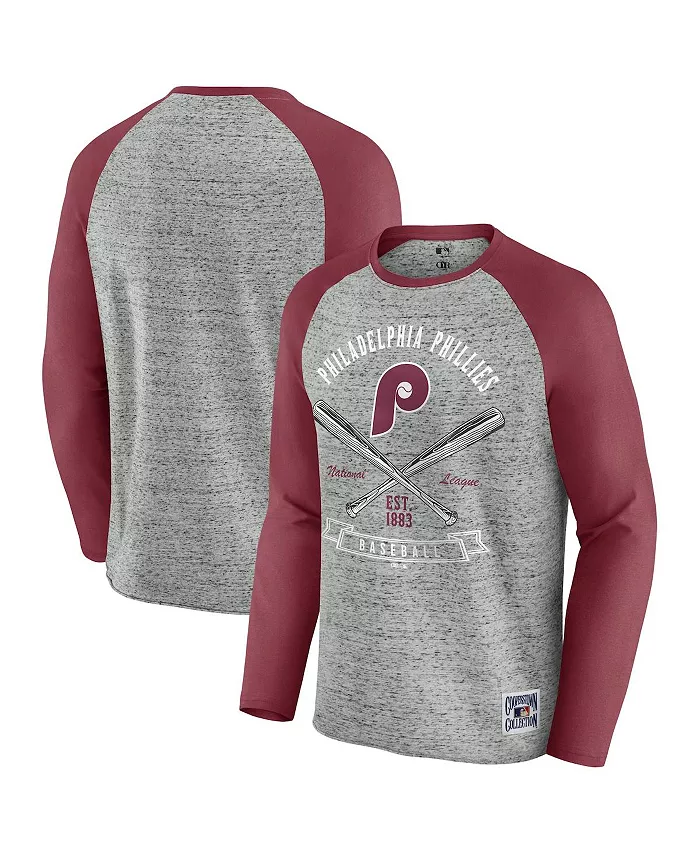 

Мужская бейсбольная футболка Philadelphia Phillies с регланными рукавами и рваным краем, длинный рукав, цвет вересковый серый Fanatics