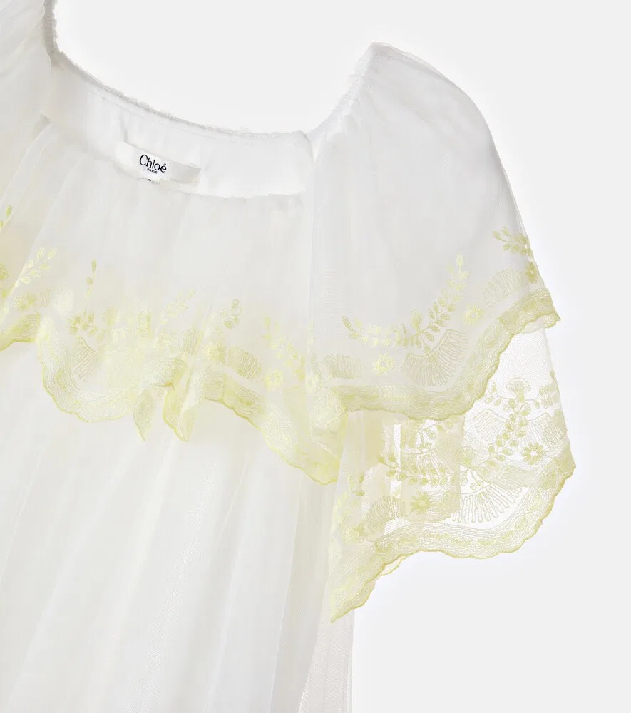 Платье из вышитого тюля Chloé Kids, белый — фото 3