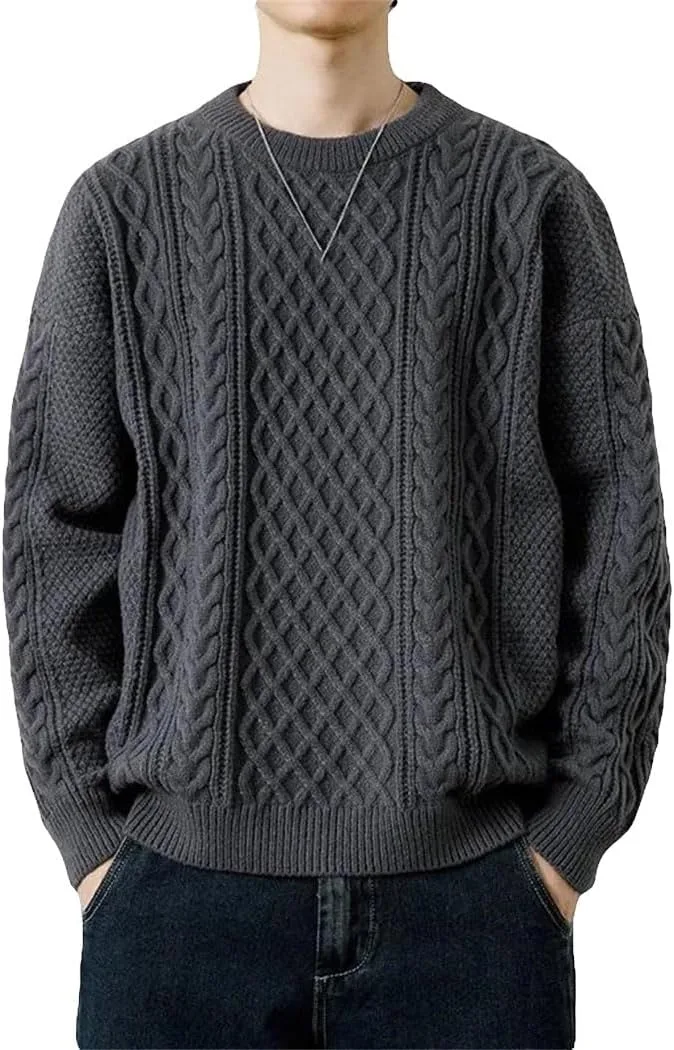 Мужской свитер Vintage Twist с круглым вырезом, однотонный, свободного кроя, ретро вязаный пуловер Generic, серый