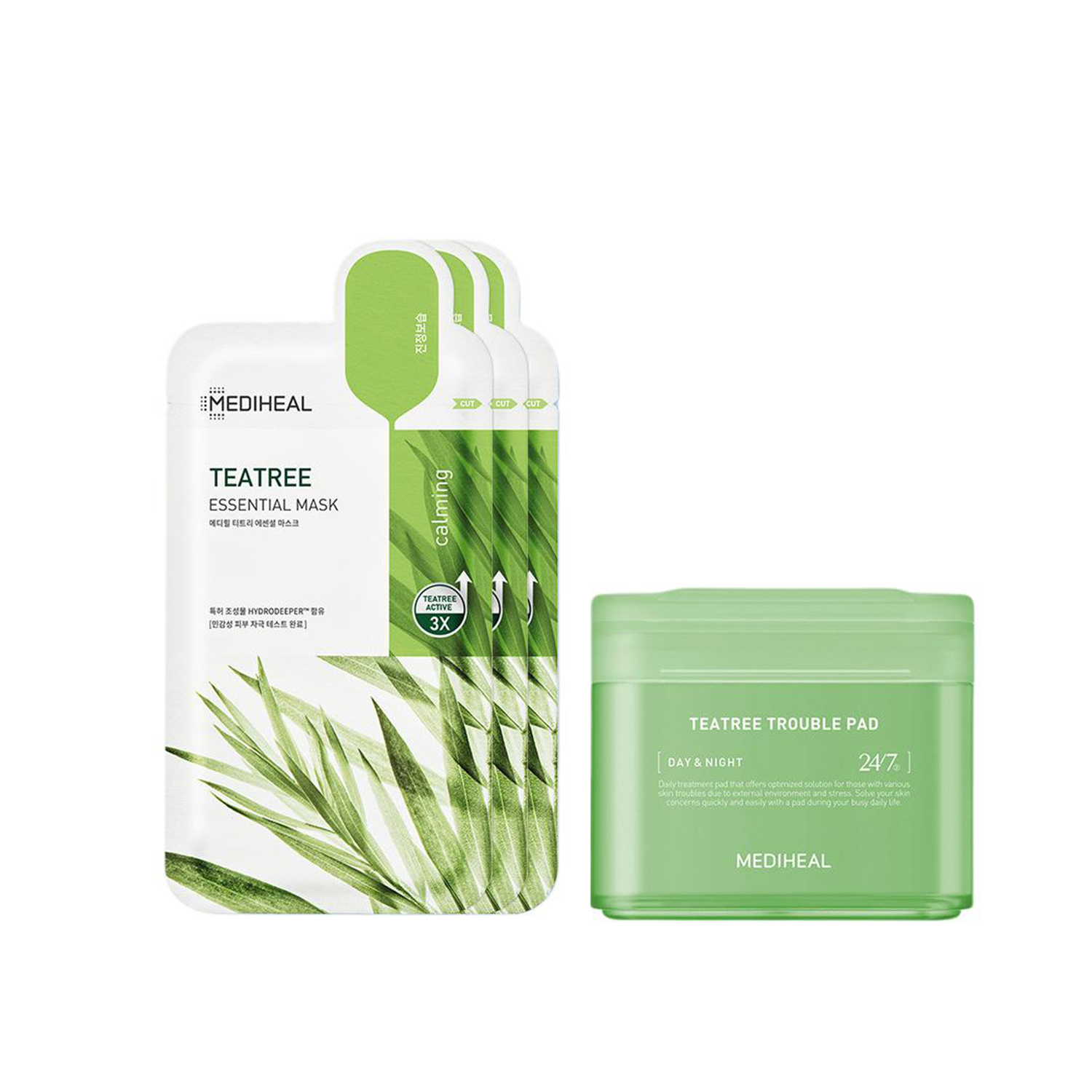 

Маски для лица Unisex MEDIHEAL, two-piece set: tea tree stabilizing cotton pads (100 pcs)+tea tree stabilizing facial mask (3 pcs)