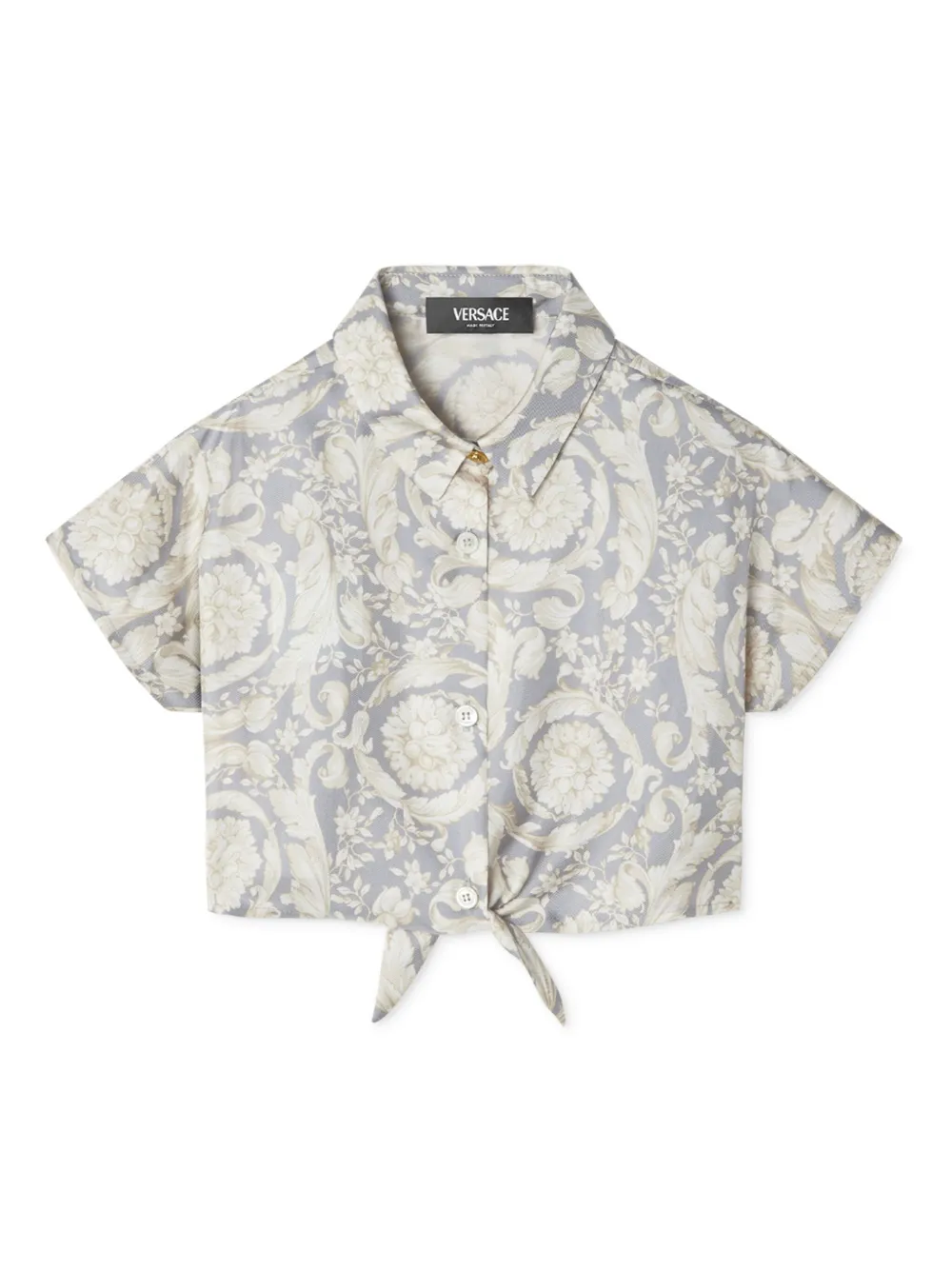 

Укороченная шелковая рубашка с принтом Barocco Versace Kids, серый