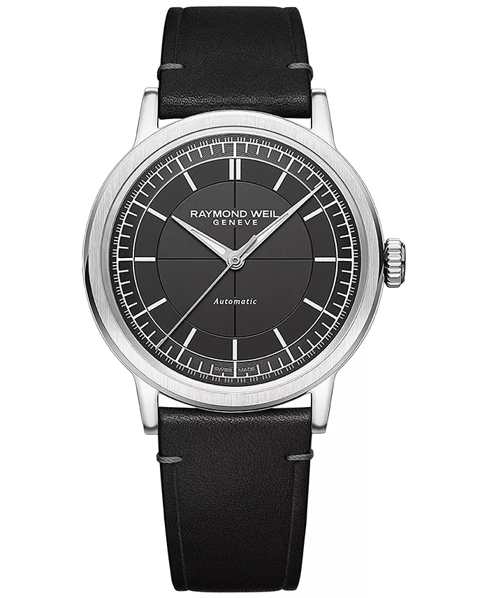 

Мужские швейцарские автоматические часы Millesime с черным кожаным ремешком, 40 мм Raymond Weil
