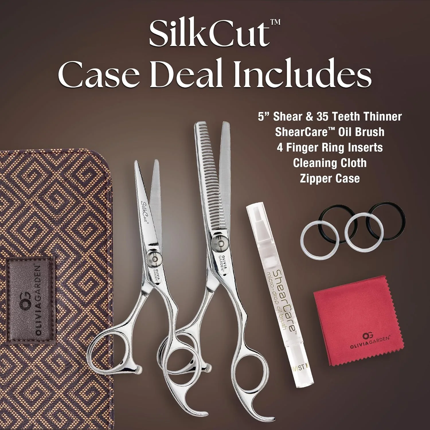 Профессиональные ножницы для стрижки и филировочная машинка Olivia Garden SilkCut - острое лезвие, эргономичная ручка. Набор 5" (SK-C01): SK-50, SK-T635 — фото 2