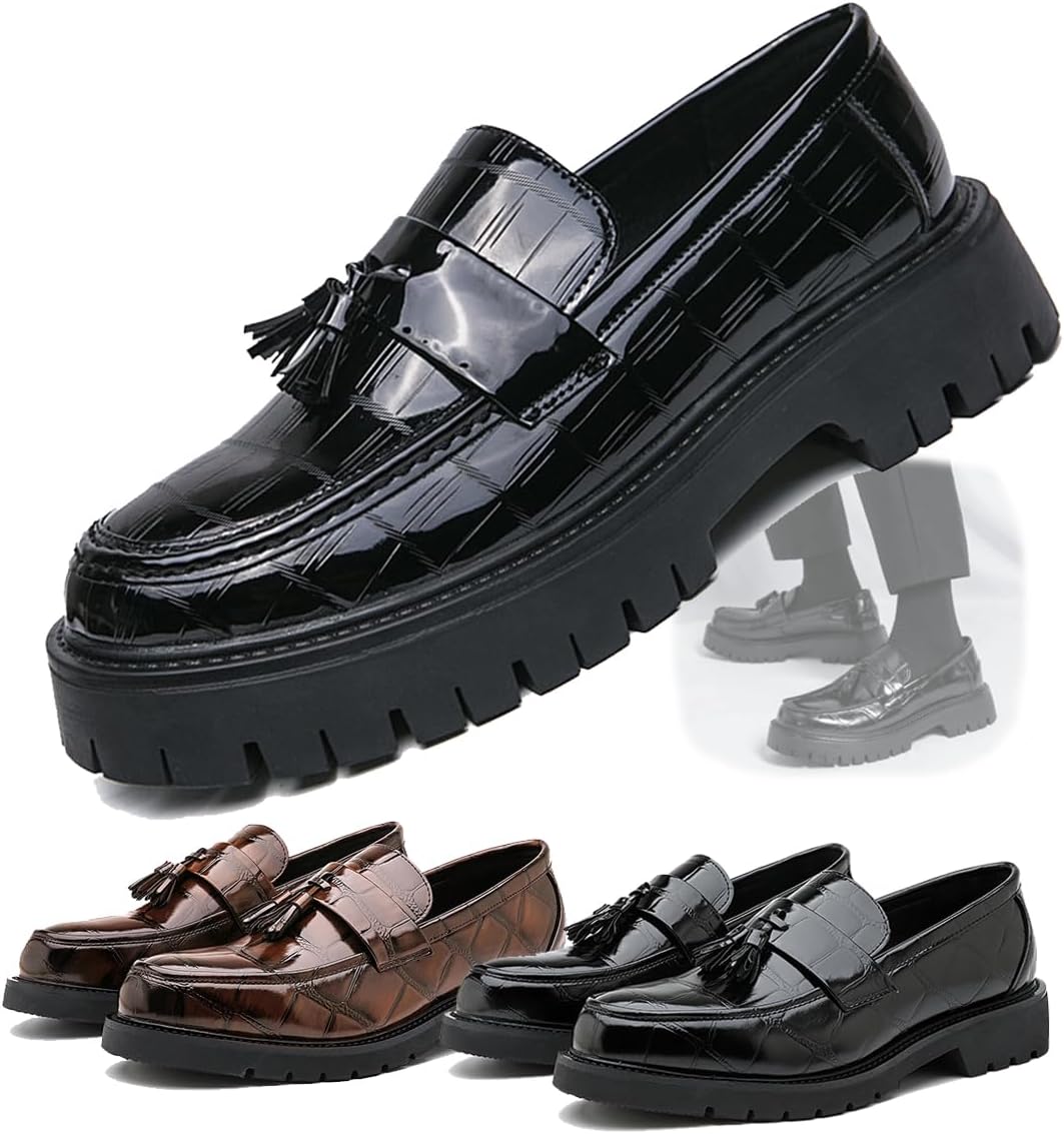 

Мужские лоферы на платформе с цепочкой из лакированной кожи, модный круглый носок, классические туфли, удобная противоскользящая платформа, идеально подходят для деловых встреч, официальных мероприятий, выпускных и повседневной носки Generic, че...