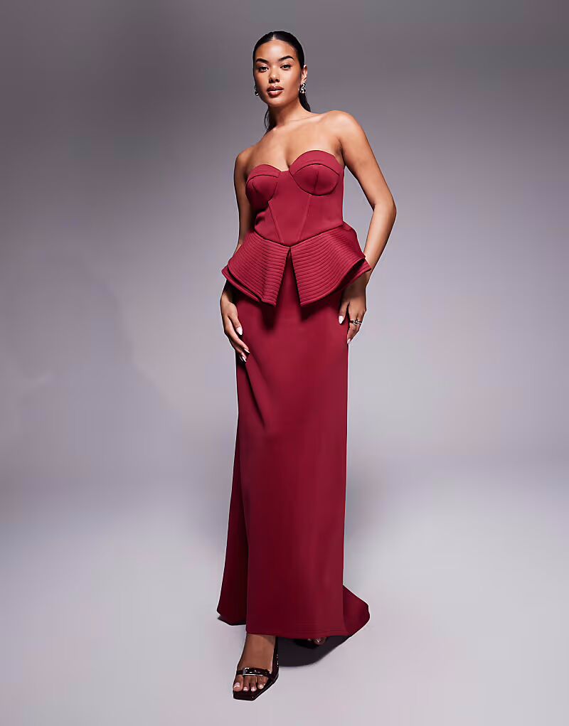 

Платье-бандо премиум-класса из ткани цвета скуба бордового цвета с эффектом скульптурного макси-платья Asos Design