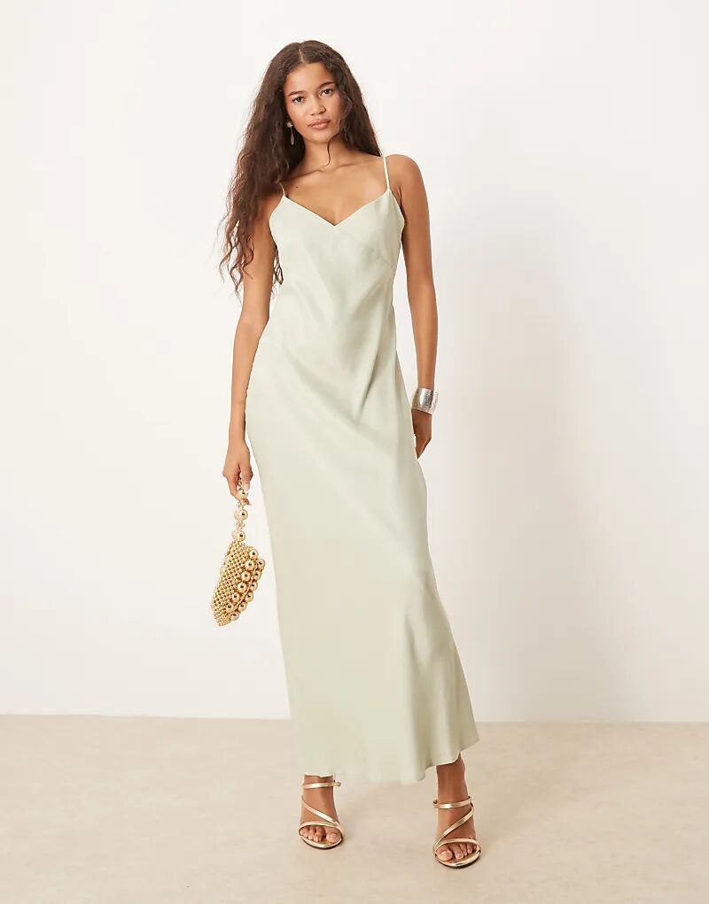 

Платье макси с атласным лифом и завязками на спине ASOS DESIGN шалфейно-зеленого цвета