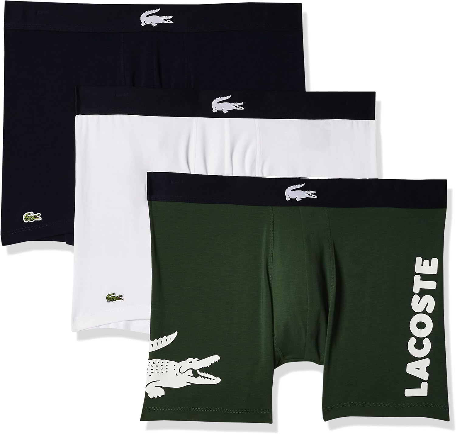 

Lacoste мужские хлопковые стрейч боксеры с большим принтом крокодила, 3 шт, Dusty Olive/Navy Blue/White (New)