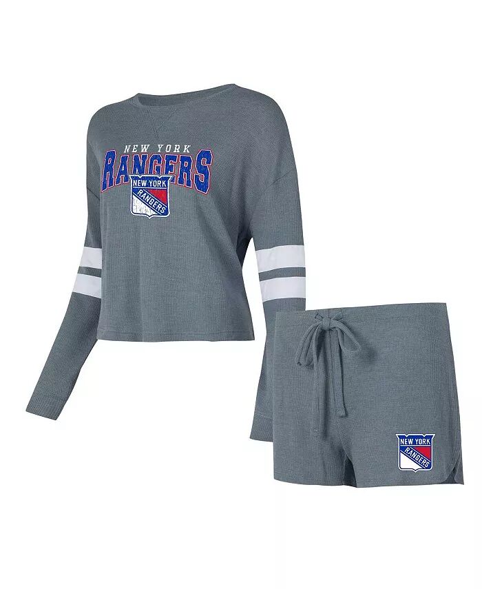 

Женский серый потертый комплект для сна с длинным рукавом и шортами New York Rangers Meadow Concepts Sport