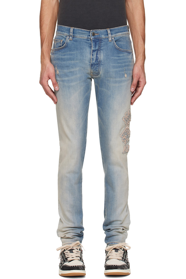 

Amiri Синие узкие джинсы с аппликацией в виде квадратов