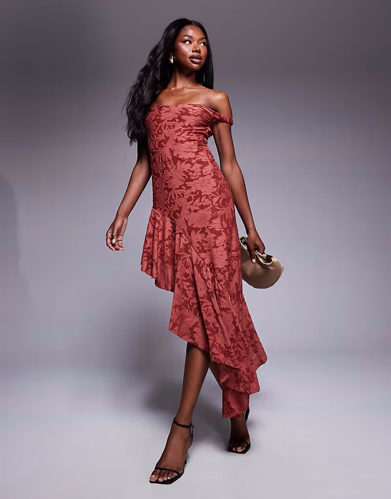 

Платье ASOS DESIGN с глубоким вырезом и асимметричным подолом цвета ржавчины