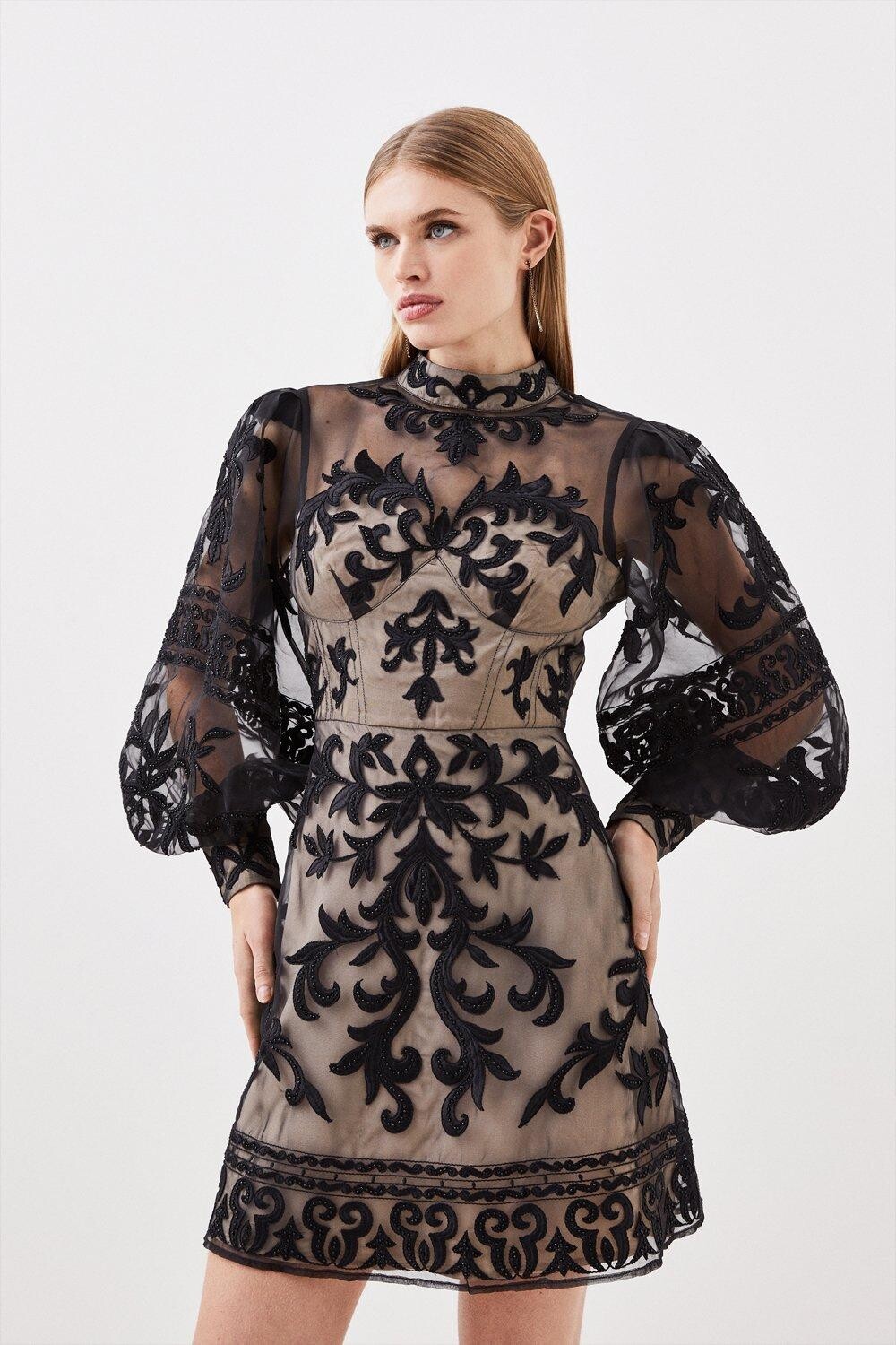 

Тканое мини-платье в стиле барокко с аппликацией Karen Millen, черный