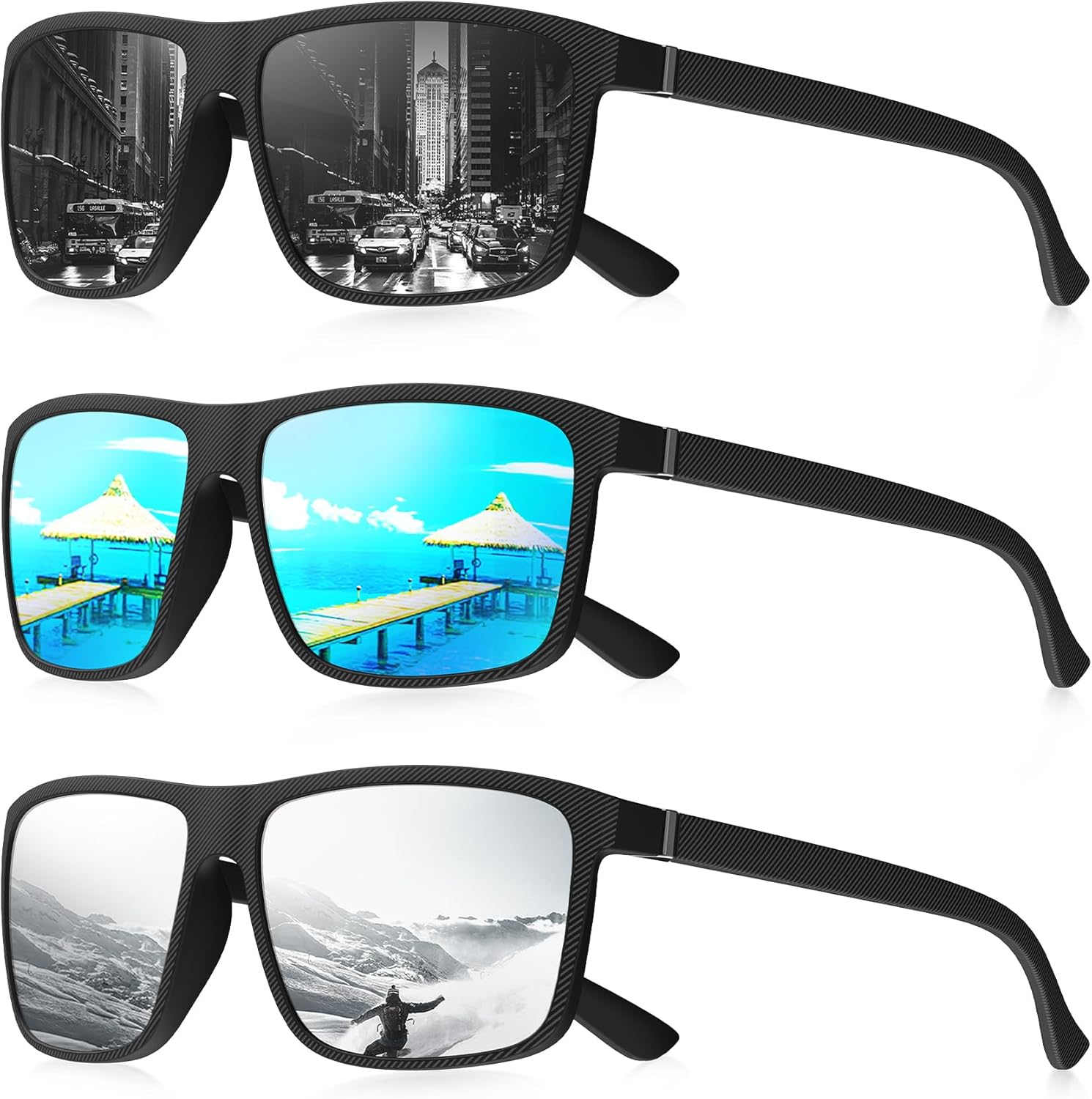 

Мужские поляризованные солнцезащитные очки NSSIW: классические солнцезащитные очки с защитой UV400 для вождения, рыбалки, гольфа, комплект из 3 штук, Striped Black+striped Blue+striped Silver