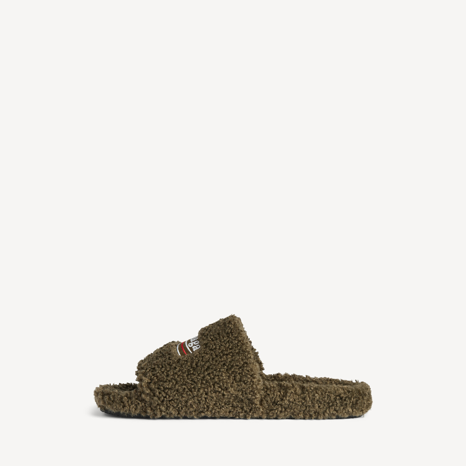 Мужские меховые шлепанцы цвета армейский зеленый/белый/красный BALENCIAGA, красный/белый/хаки — фото 4