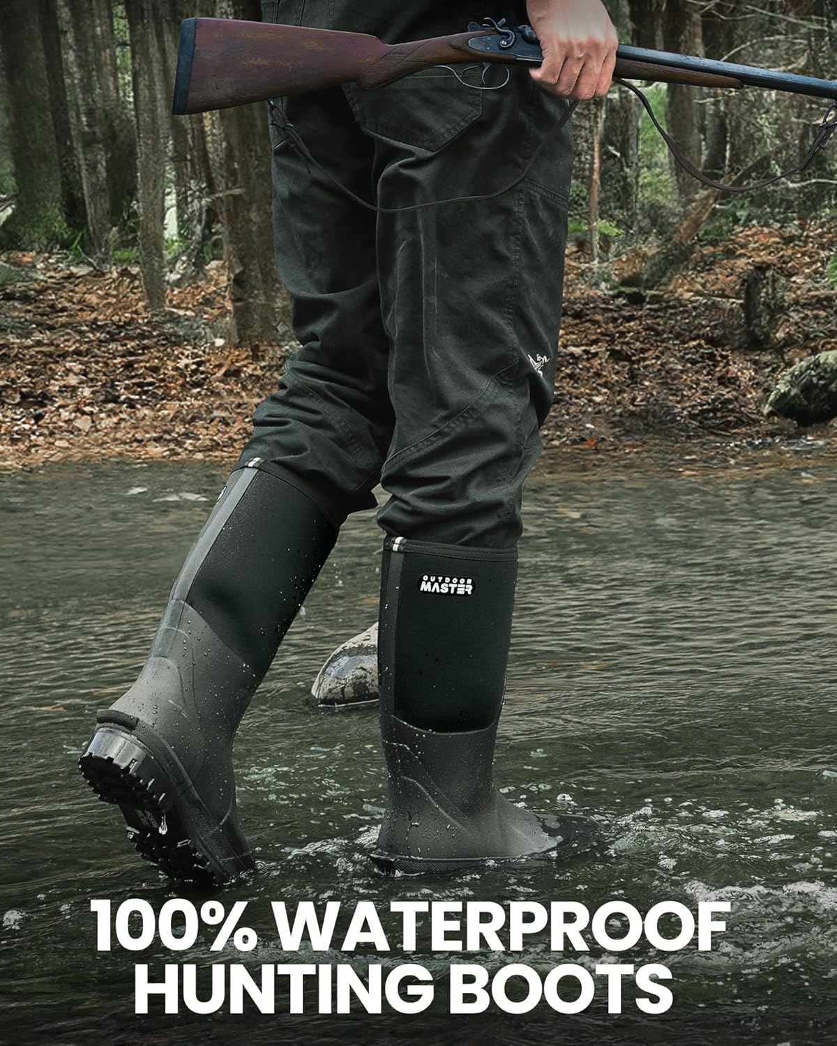 Мужские охотничьи ботинки OutdoorMaster, водонепроницаемые резиновые неопренаовые ботинки, утепленные уличные ботинки с противоскользящей подошвой, черный — фото 2