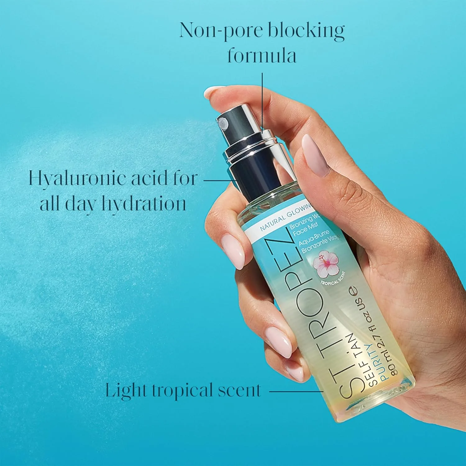 Спрей для лица St. Tropez Self Tan Purity Face Mist, натуральный эффект загара с гиалуроновой кислотой и антиоксидантами, веганский, натуральный, не тестируется на животных, 70 мл. 76.55 г (1 шт.) St.Tropez — фото 4