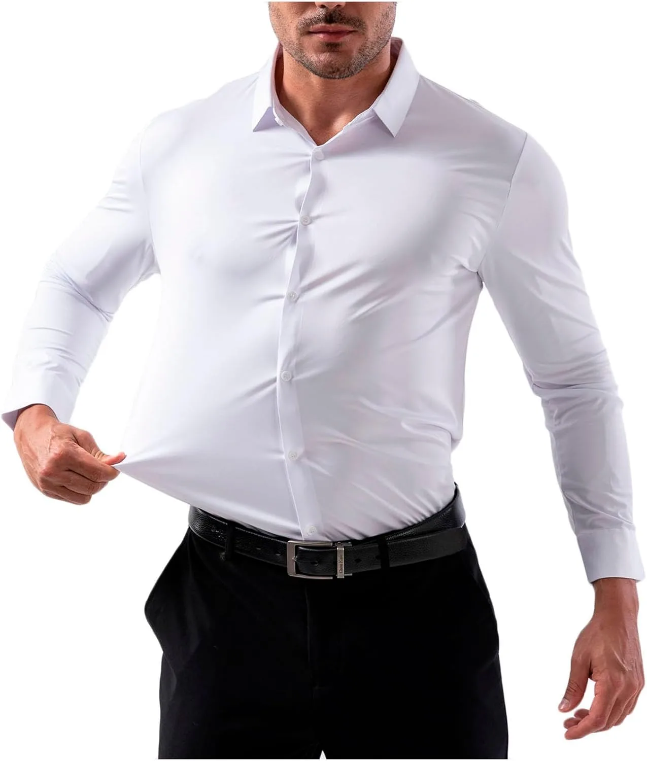 Мужская рубашка Muscle Fit с длинным рукавом, эластичная, не мнущаяся, Slim Fit, на пуговицах, для бизнес-кэжуал и работы Generic, белый