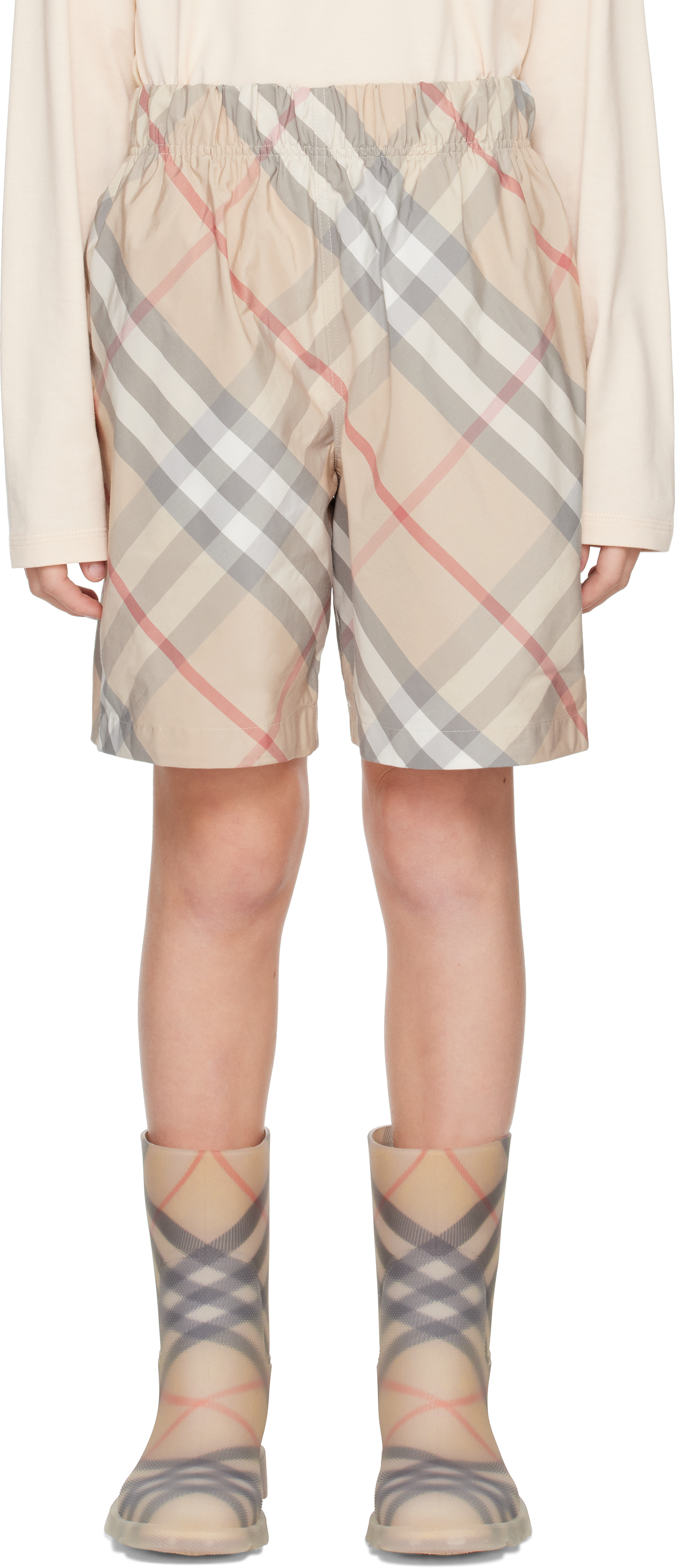 

Детские шорты из хлопковой смеси бежевого цвета в клетку Burberry