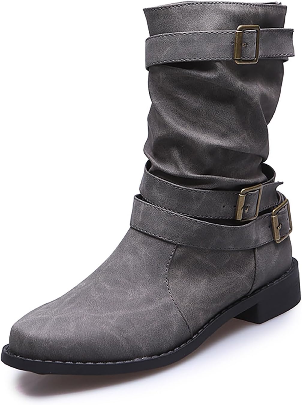 

Женские зимние кожаные ботинки на средней голени с пряжкой, стильные, удобные, без застежки, утепленные походные ботинки, мужские Generic, серый