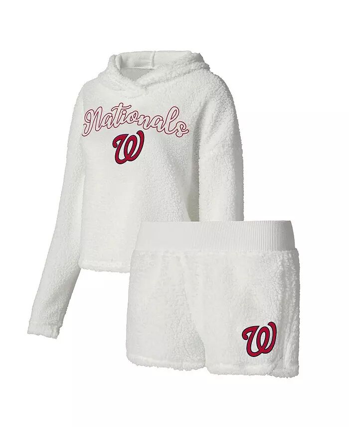 

Женский кремовый пушистый свитер с капюшоном и шортами Washington Nationals для сна Concepts Sport