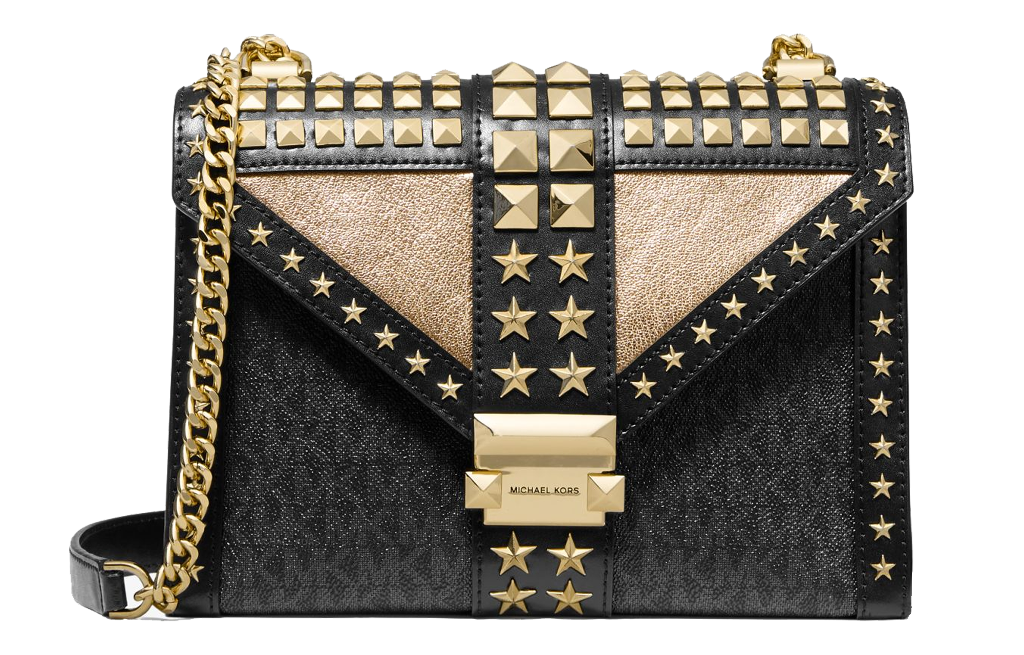 

MICHAEL KORS Сумка-конверт Whitney Canvas с кожей, сумка через плечо, женская сумка-туба, черно-золотая