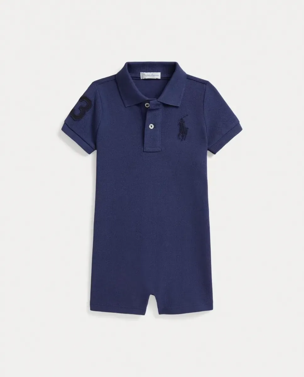 Короткий хлопковый комбинезон для мальчика с большим Пони Polo Ralph Lauren, темно-синий