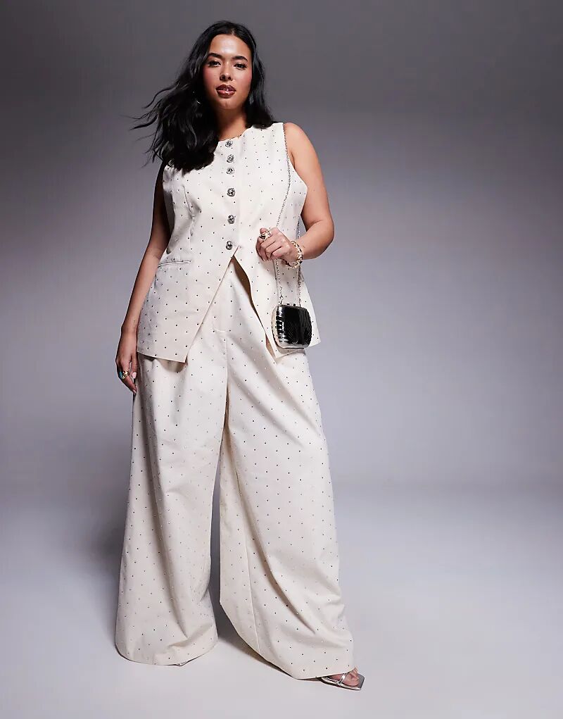 

Льняные брюки широкого кроя ASOS LUXE Curve Co-ord с отделкой в стиле hotfix, кремового цвета