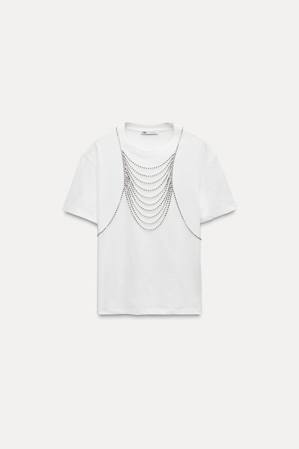 

Футболка с воротником, украшенным драгоценными камнями ZARA, белый