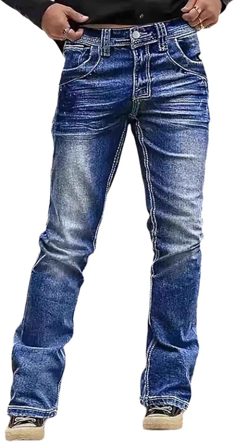 

Женские джинсы Mid Rise Straight Leg с эффектом потертости и заплатками QLAUYIOE