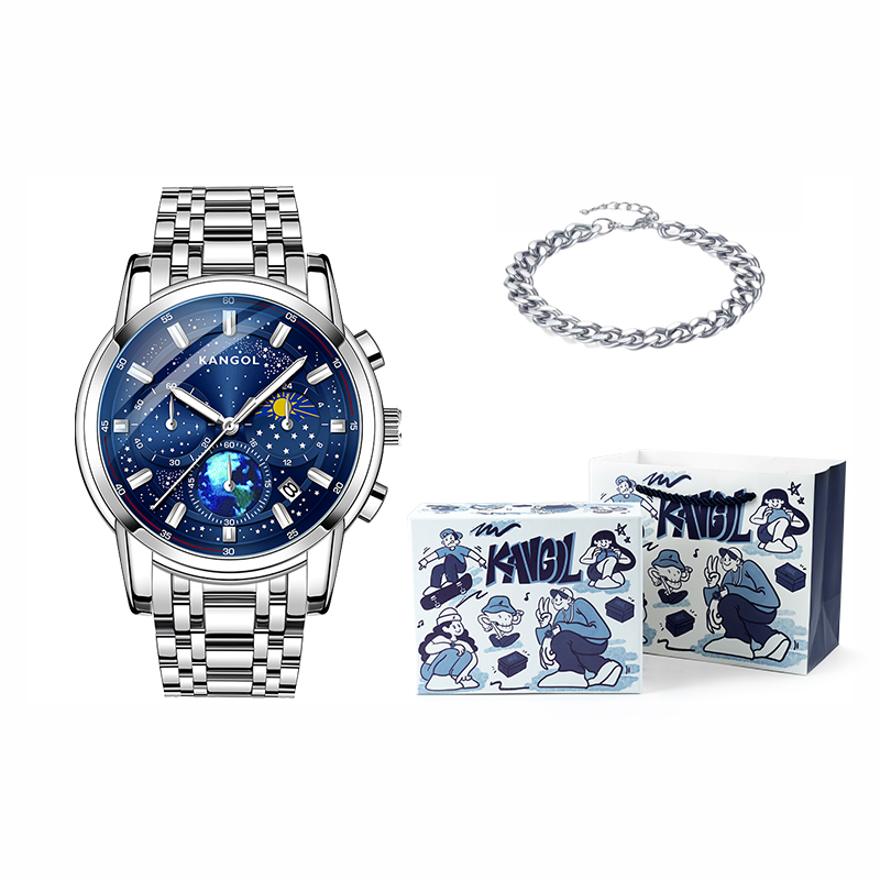 

KANGOL Часы Trendy Time Steel Heart Black Warrior Quartz Movement Stainless Steel Watchband Watch Men's Watch Black Dial, Starry Blue Steel Band Style[Hip-Hop Gift Box]