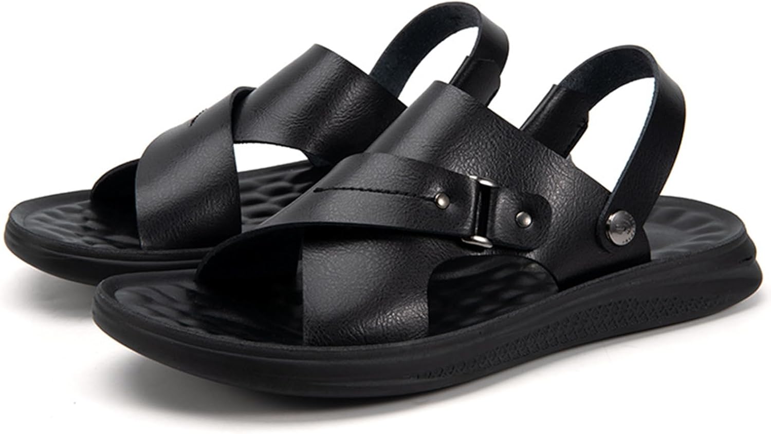 

Мужские кожаные сандалии BANGTEUO с плоской подошвой для пляжа, удобные с круглым открытым носком, с регулируемым ремешком на щиколотке, для повседневного ношения на улице, летом, на пляжном отдыхе, черный