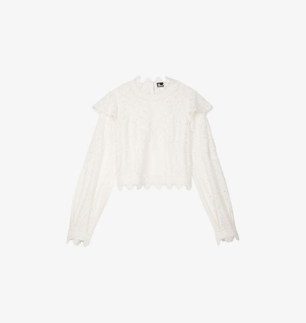 

Кружевной топ с длинными рукавами и оборкой The Kooples, экрю